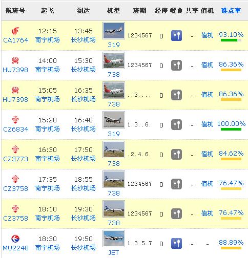 南宁到张家界航班时刻