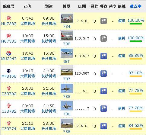 太原到张家界航班时刻