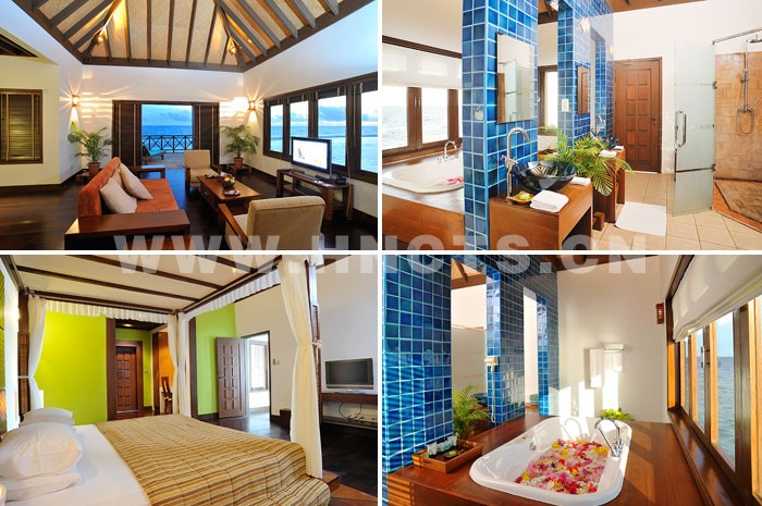 马尔代夫班度士岛Water Villas 浴室、客厅、卧室，可以直接入水的私人阳光甲板